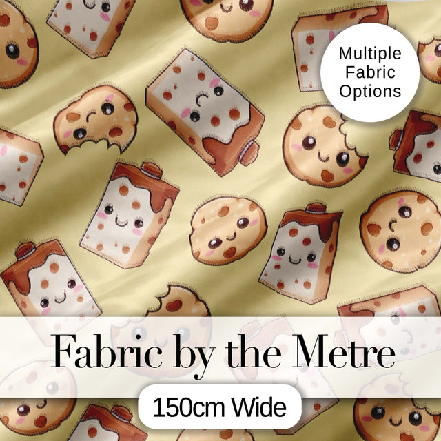 Cute Kawaii Cookies and Milk Cartons on Beige Background Seamless Pattern Digital Print Fabric by the Metre UK Sewing Quilting Textile