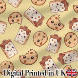 Cute Kawaii Cookies and Milk Cartons on Beige Background Seamless Pattern Digital Print Fabric by the Metre UK Sewing Quilting Textile