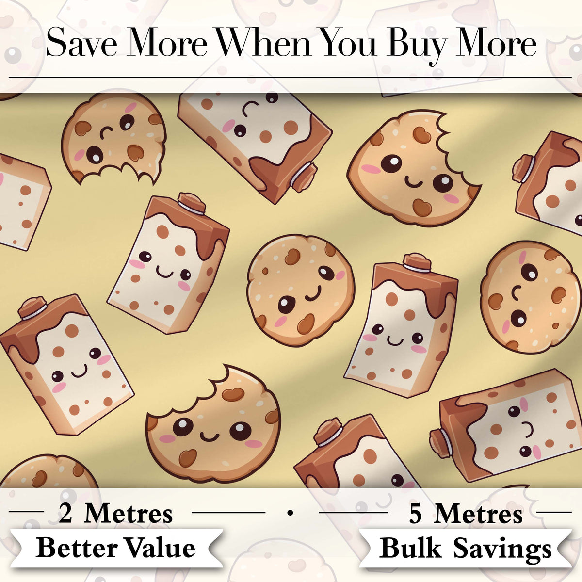 Cute Kawaii Cookies and Milk Cartons on Beige Background Seamless Pattern Digital Print Fabric by the Metre UK Sewing Quilting Textile
