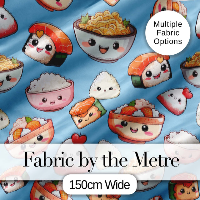Cute Kawaii Sushi Rice Bowls and Noodles on Blue Background Seamless Pattern Digital Print Fabric by the Metre UK Sewing Quilting Textile