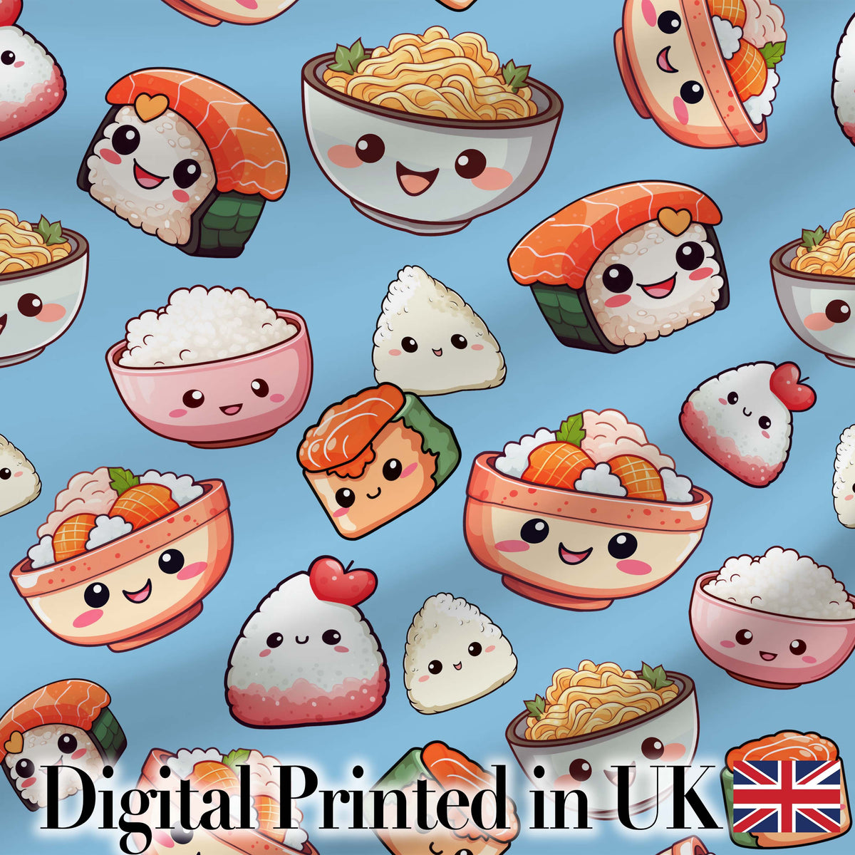 Cute Kawaii Sushi Rice Bowls and Noodles on Blue Background Seamless Pattern Digital Print Fabric by the Metre UK Sewing Quilting Textile