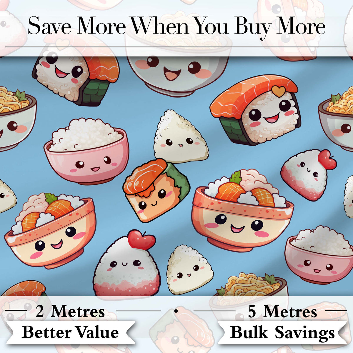 Cute Kawaii Sushi Rice Bowls and Noodles on Blue Background Seamless Pattern Digital Print Fabric by the Metre UK Sewing Quilting Textile