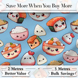 Cute Kawaii Sushi Rice Bowls and Noodles on Blue Background Seamless Pattern Digital Print Fabric by the Metre UK Sewing Quilting Textile