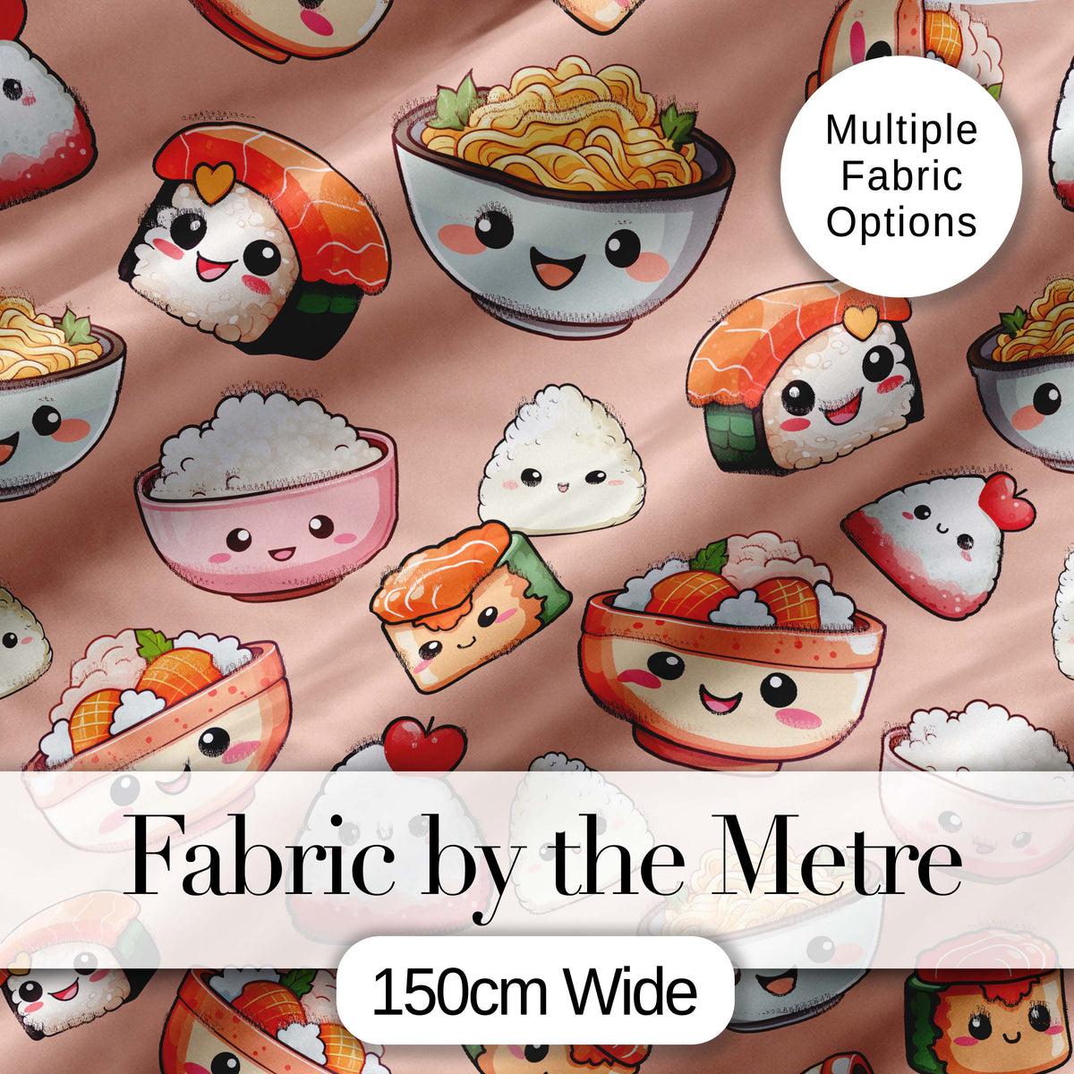 Cute Kawaii Sushi Rice Bowls and Noodles on Peach Background Seamless Pattern Digital Print Fabric by the Metre UK Sewing Quilting Textile