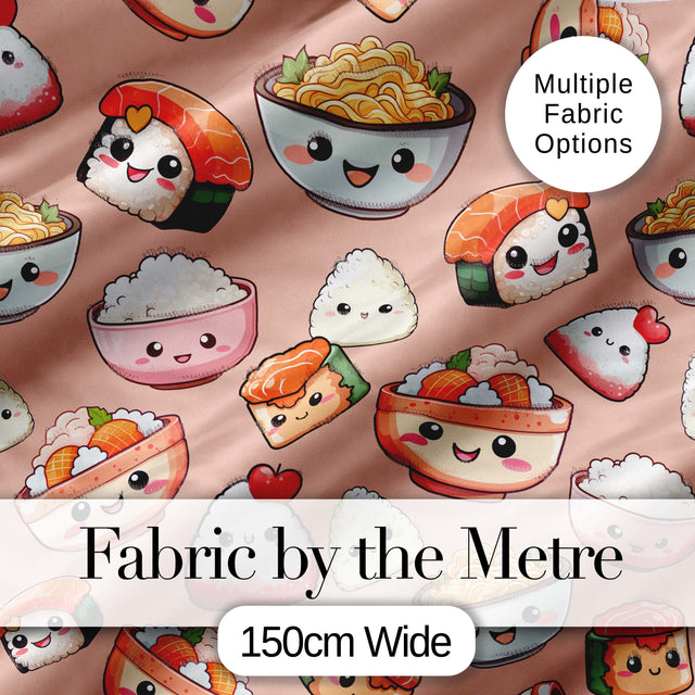 Cute Kawaii Sushi Rice Bowls and Noodles on Peach Background Seamless Pattern Digital Print Fabric by the Metre UK Sewing Quilting Textile