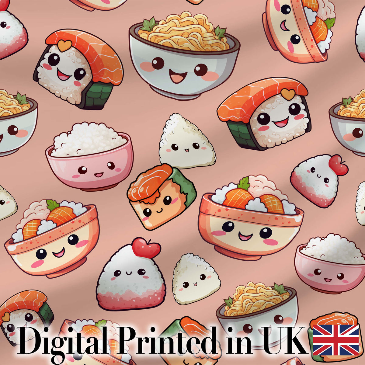 Cute Kawaii Sushi Rice Bowls and Noodles on Peach Background Seamless Pattern Digital Print Fabric by the Metre UK Sewing Quilting Textile