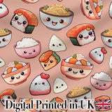 Cute Kawaii Sushi Rice Bowls and Noodles on Peach Background Seamless Pattern Digital Print Fabric by the Metre UK Sewing Quilting Textile