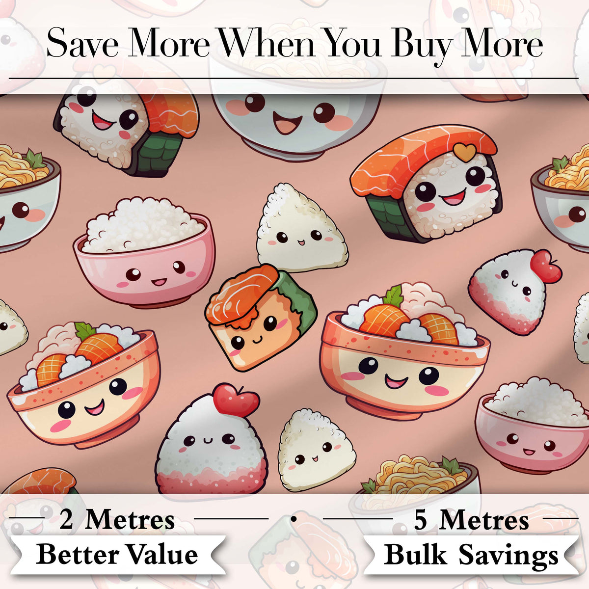 Cute Kawaii Sushi Rice Bowls and Noodles on Peach Background Seamless Pattern Digital Print Fabric by the Metre UK Sewing Quilting Textile