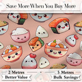 Cute Kawaii Sushi Rice Bowls and Noodles on Peach Background Seamless Pattern Digital Print Fabric by the Metre UK Sewing Quilting Textile