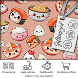 Cute Kawaii Sushi Rice Bowls and Noodles on Peach Background Seamless Pattern Digital Print Fabric by the Metre UK Sewing Quilting Textile