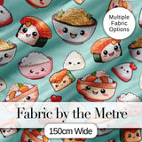 Cute Kawaii Sushi Rice Bowls and Noodles on Mint Background Seamless Pattern Digital Print Fabric by the Metre UK Sewing Quilting Textile