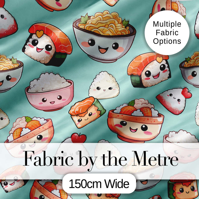 Cute Kawaii Sushi Rice Bowls and Noodles on Mint Background Seamless Pattern Digital Print Fabric by the Metre UK Sewing Quilting Textile