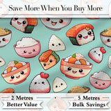 Cute Kawaii Sushi Rice Bowls and Noodles on Mint Background Seamless Pattern Digital Print Fabric by the Metre UK Sewing Quilting Textile