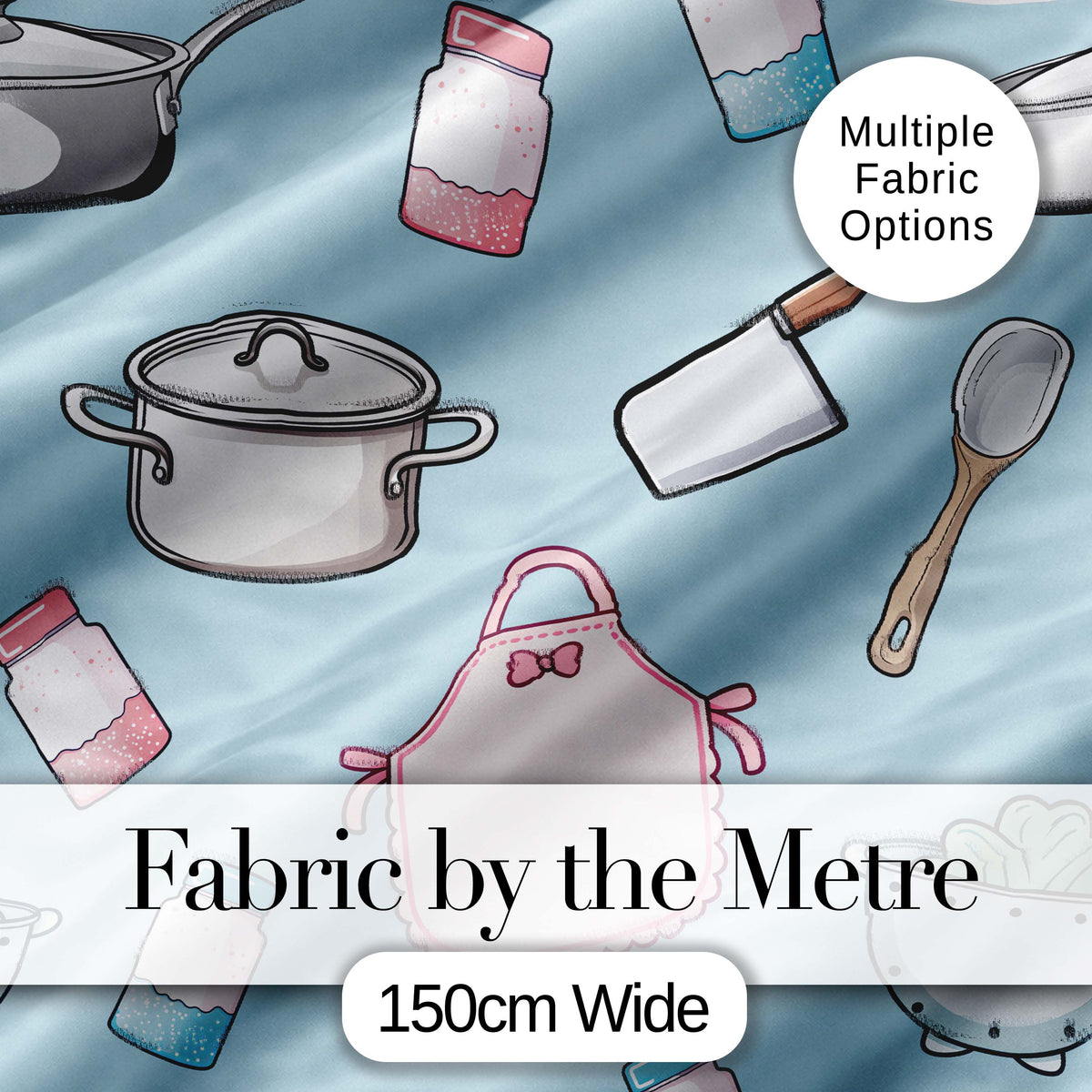 Cute Kawaii Kitchen Utensils and Apron on Blue Background Seamless Pattern Digital Print Fabric by the Metre UK Sewing Quilting Textile