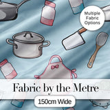 Cute Kawaii Kitchen Utensils and Apron on Blue Background Seamless Pattern Digital Print Fabric by the Metre UK Sewing Quilting Textile