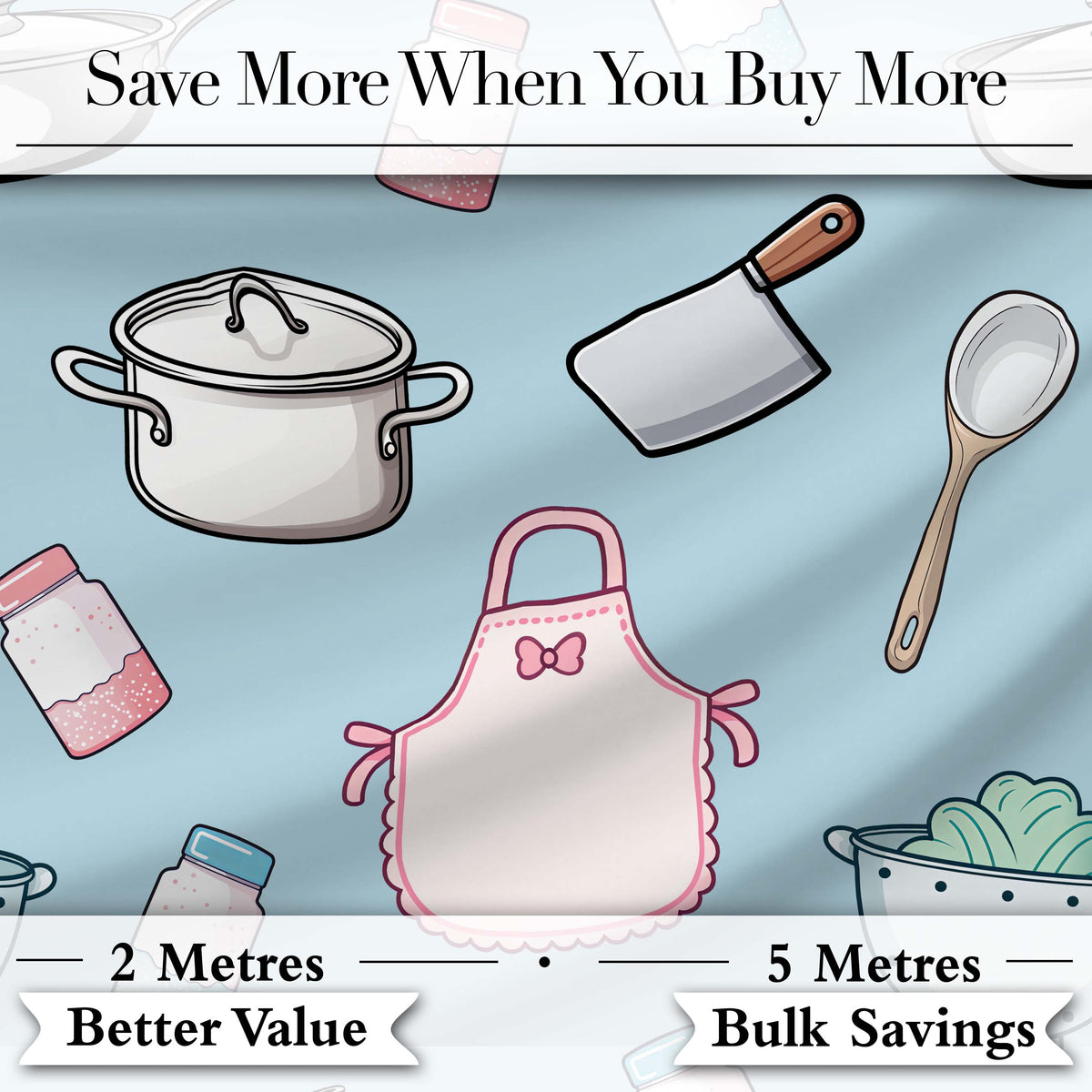 Cute Kawaii Kitchen Utensils and Apron on Blue Background Seamless Pattern Digital Print Fabric by the Metre UK Sewing Quilting Textile