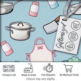 Cute Kawaii Kitchen Utensils and Apron on Blue Background Seamless Pattern Digital Print Fabric by the Metre UK Sewing Quilting Textile