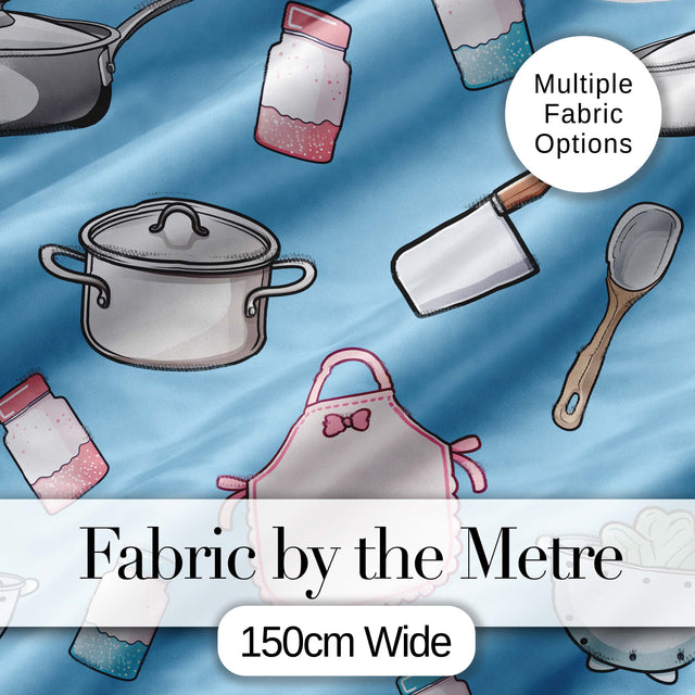 Kawaii Kitchen Utensils and Apron on Light Blue  Seamless Pattern Digital Print Fabric by the Metre UK Sewing Quilting Textile