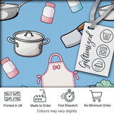 Kawaii Kitchen Utensils and Apron on Light Blue  Seamless Pattern Digital Print Fabric by the Metre UK Sewing Quilting Textile