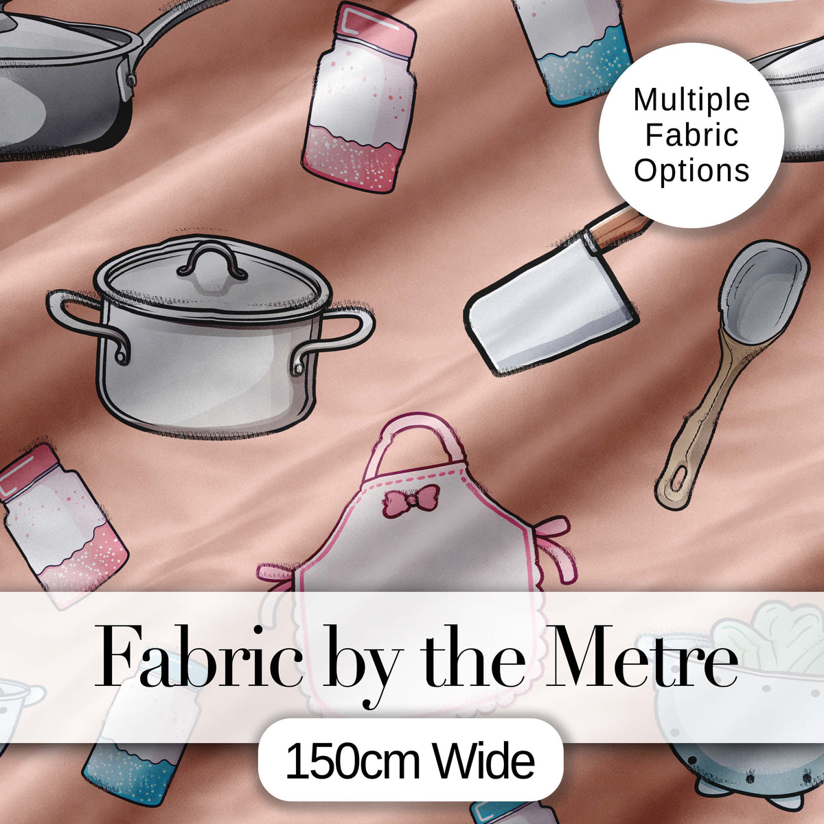Kawaii Kitchen Utensils Apron and Cooking Tools on Peach  Seamless Pattern Digital Print Fabric by the Metre UK Sewing Quilting Textile