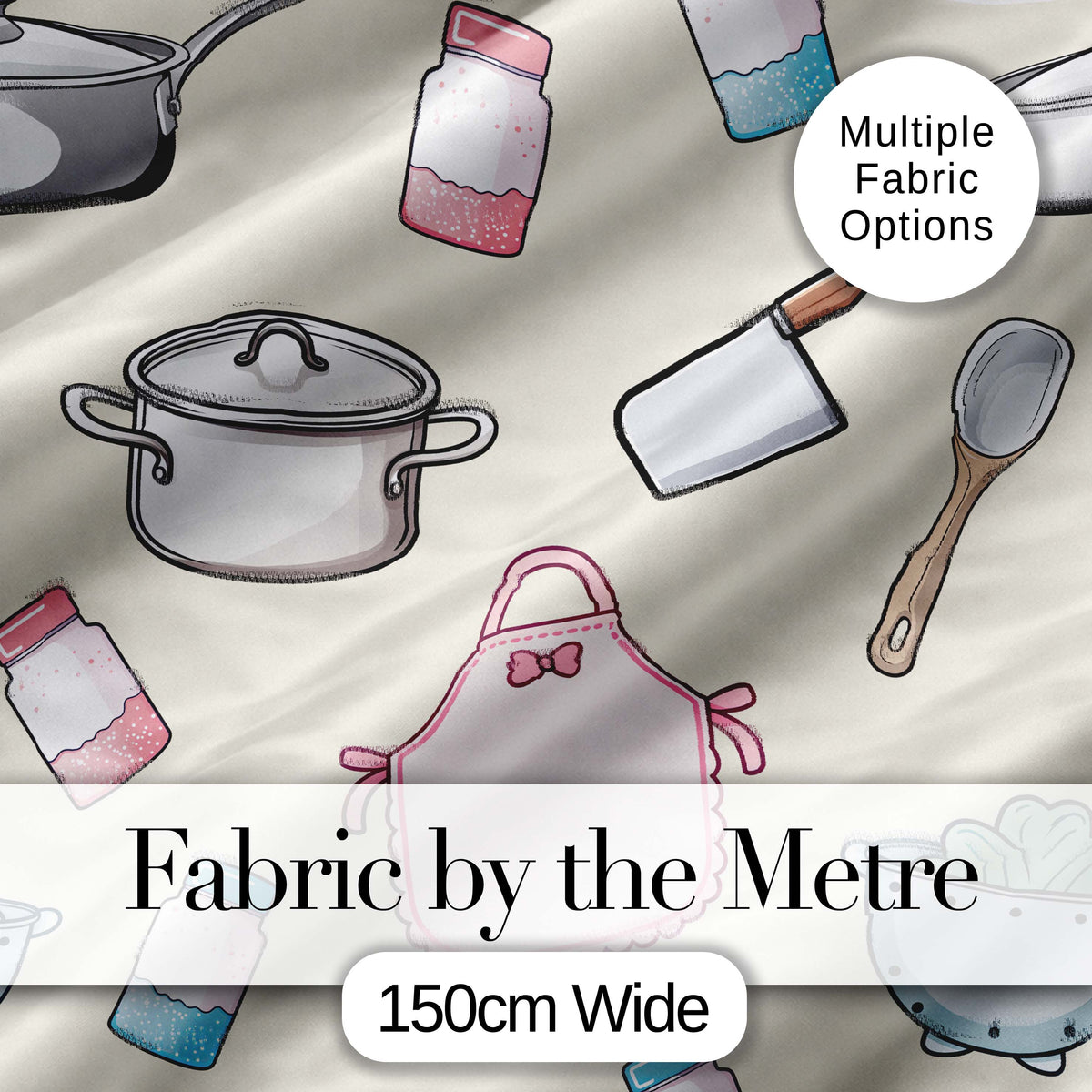 Kawaii Kitchen Utensils Apron and Cooking Tools on Neutral  Seamless Pattern Digital Print Fabric by the Metre UK Sewing Quilting Textile