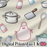 Kawaii Kitchen Utensils Apron and Cooking Tools on Neutral  Seamless Pattern Digital Print Fabric by the Metre UK Sewing Quilting Textile
