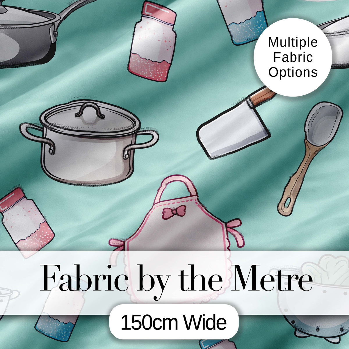 Kawaii Kitchen Utensils Apron and Cooking Tools on Mint  Seamless Pattern Digital Print Fabric by the Metre UK Sewing Quilting Textile