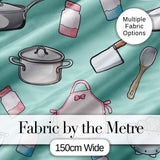 Kawaii Kitchen Utensils Apron and Cooking Tools on Mint  Seamless Pattern Digital Print Fabric by the Metre UK Sewing Quilting Textile