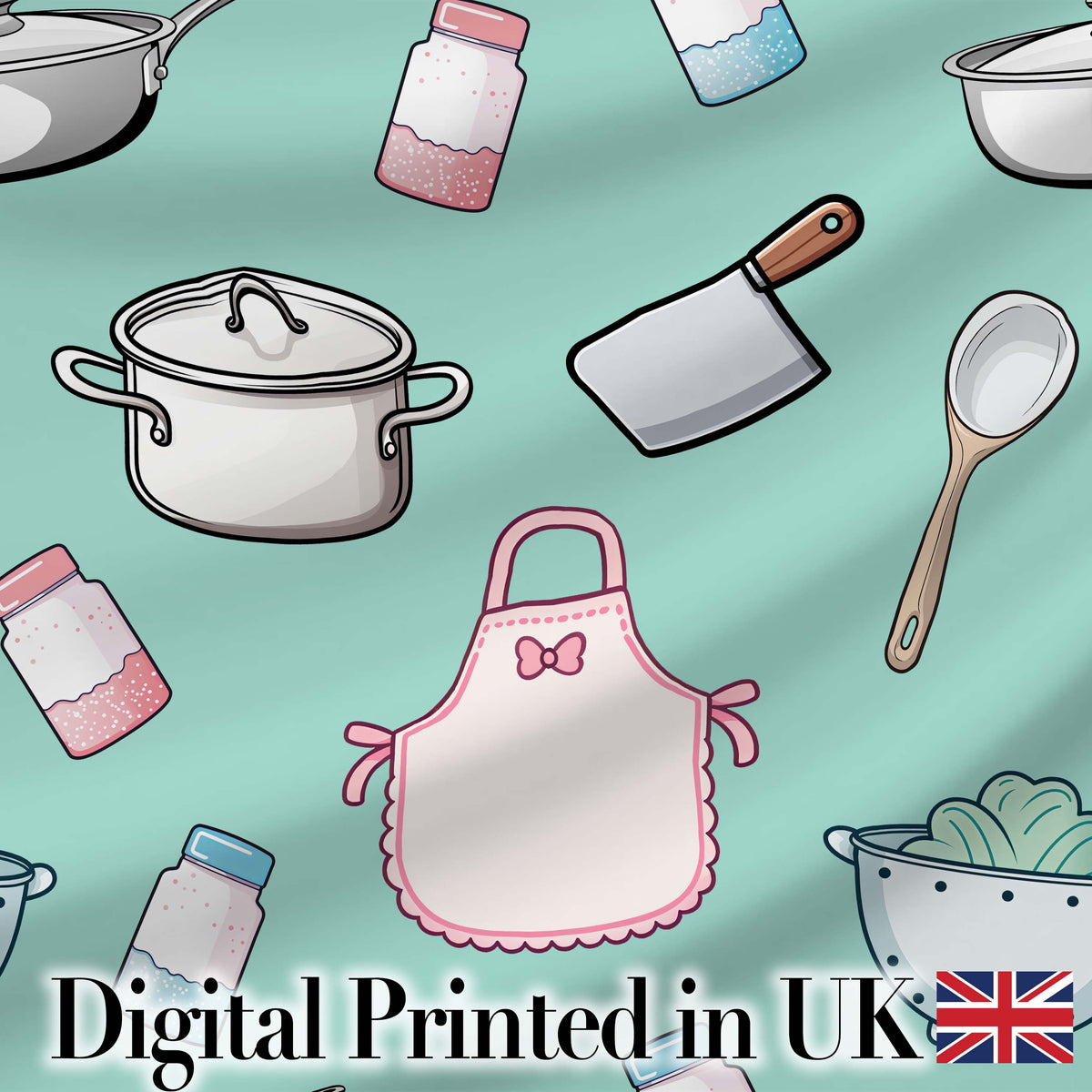 Kawaii Kitchen Utensils Apron and Cooking Tools on Mint  Seamless Pattern Digital Print Fabric by the Metre UK Sewing Quilting Textile