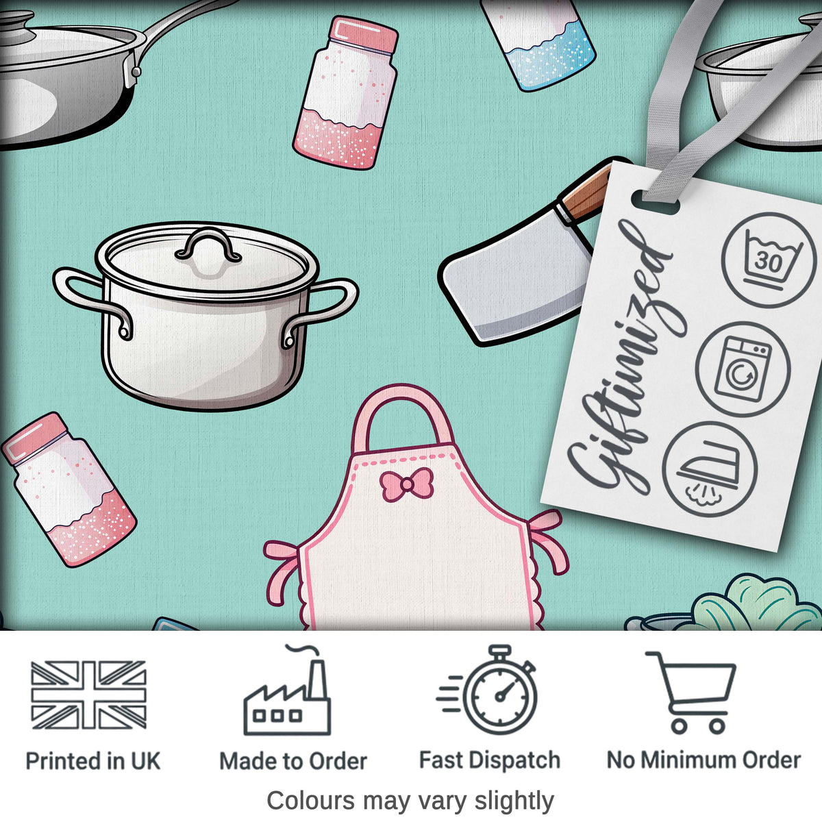 Kawaii Kitchen Utensils Apron and Cooking Tools on Mint  Seamless Pattern Digital Print Fabric by the Metre UK Sewing Quilting Textile