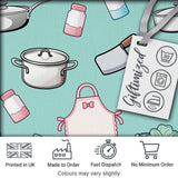 Kawaii Kitchen Utensils Apron and Cooking Tools on Mint  Seamless Pattern Digital Print Fabric by the Metre UK Sewing Quilting Textile
