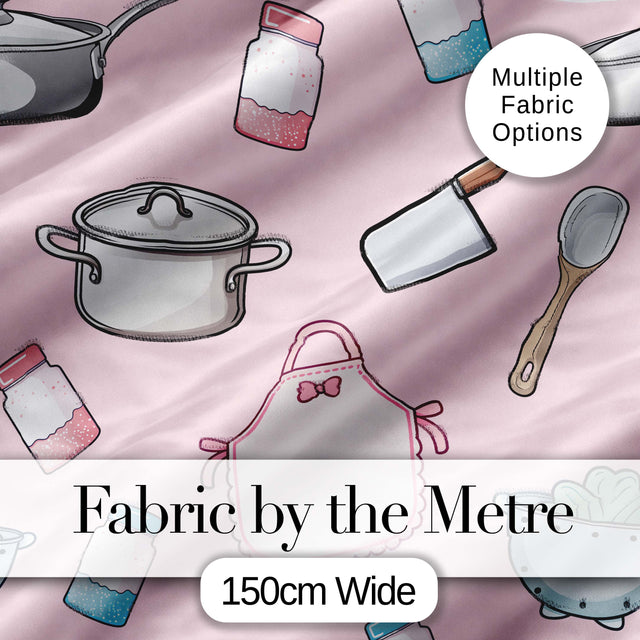 Kawaii Kitchen Utensils Apron and Cooking Tools on Soft Pink  Seamless Pattern Digital Print Fabric by the Metre UK Sewing Quilting Textile