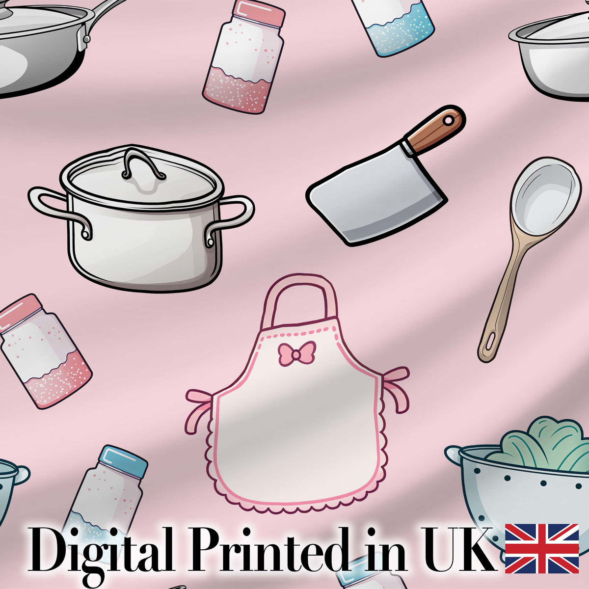 Kawaii Kitchen Utensils Apron and Cooking Tools on Soft Pink  Seamless Pattern Digital Print Fabric by the Metre UK Sewing Quilting Textile