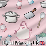 Kawaii Kitchen Utensils Apron and Cooking Tools on Soft Pink  Seamless Pattern Digital Print Fabric by the Metre UK Sewing Quilting Textile