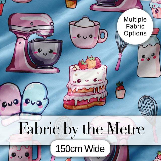 Kawaii Baking Mixer Cake and Cupcake Tools on Blue  Seamless Pattern Digital Print Fabric by the Metre UK Sewing Quilting Textile