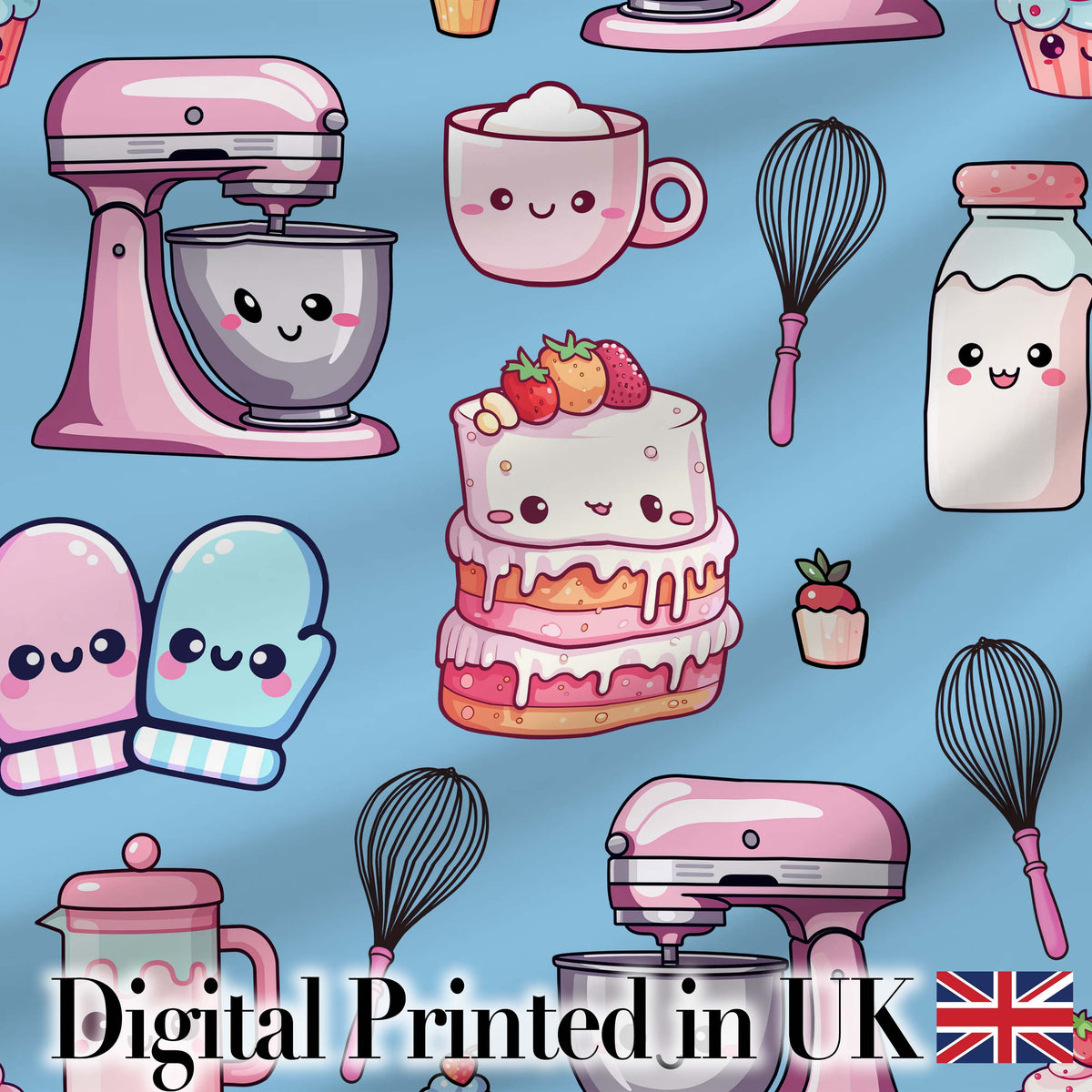 Kawaii Baking Mixer Cake and Cupcake Tools on Blue  Seamless Pattern Digital Print Fabric by the Metre UK Sewing Quilting Textile