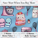 Kawaii Baking Mixer Cake and Cupcake Tools on Blue  Seamless Pattern Digital Print Fabric by the Metre UK Sewing Quilting Textile