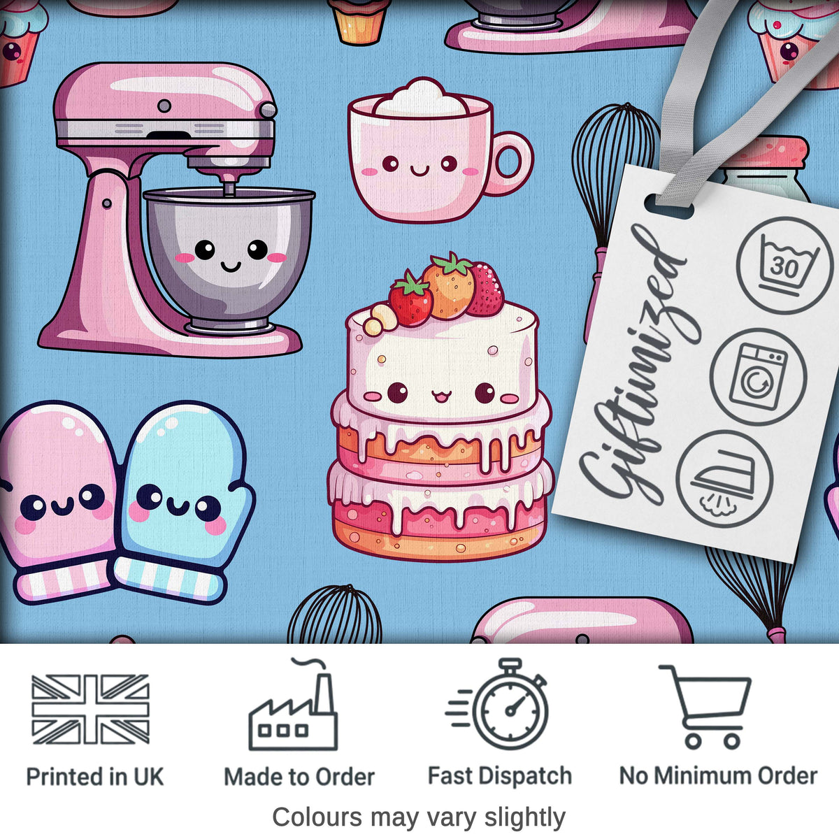 Kawaii Baking Mixer Cake and Cupcake Tools on Blue  Seamless Pattern Digital Print Fabric by the Metre UK Sewing Quilting Textile