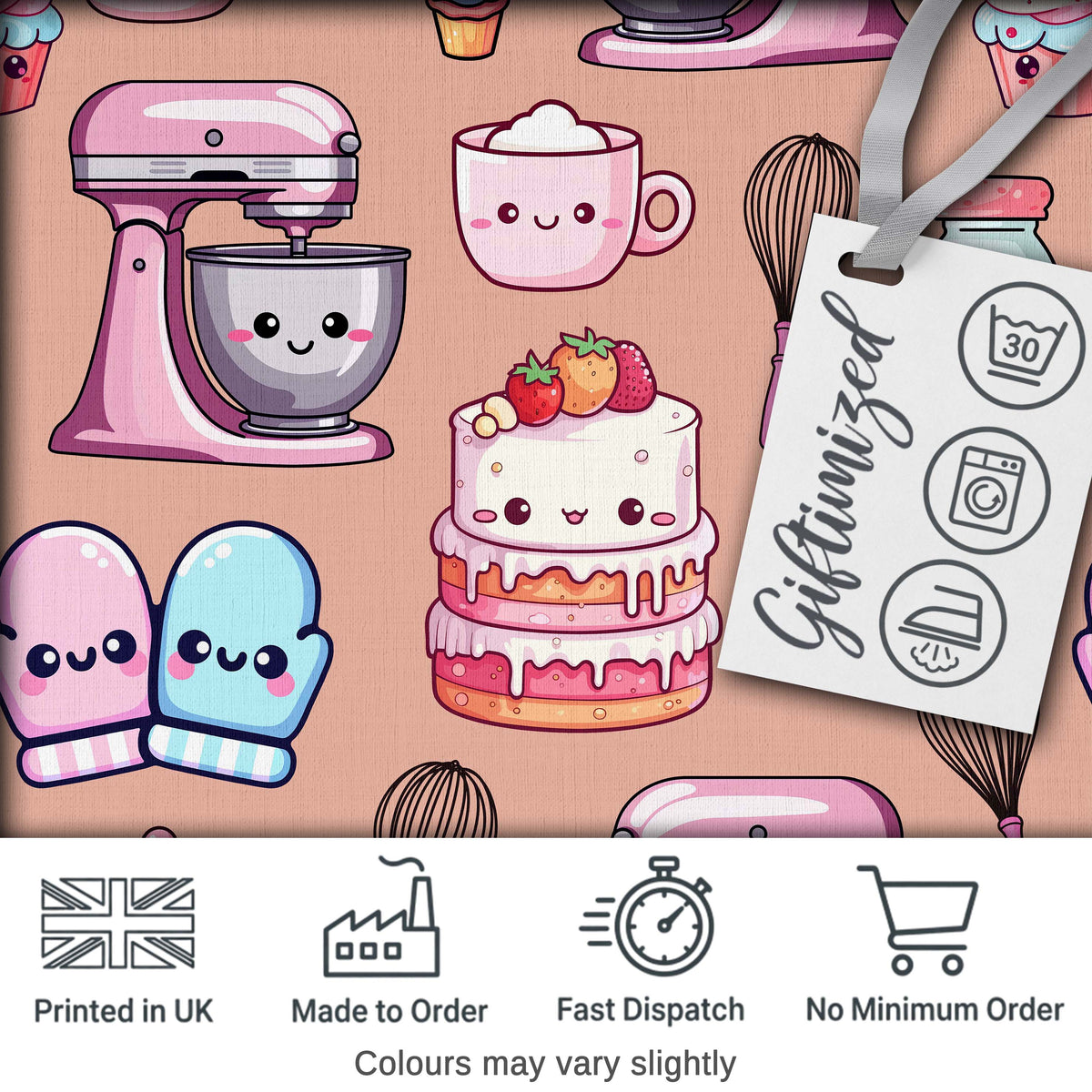 Kawaii Baking Mixer Cake and Cupcake Tools on Peach  Seamless Pattern Digital Print Fabric by the Metre UK Sewing Quilting Textile
