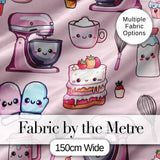 Kawaii Baking Mixer Cake and Cupcake Tools on Soft Pink  Seamless Pattern Digital Print Fabric by the Metre UK Sewing Quilting Textile