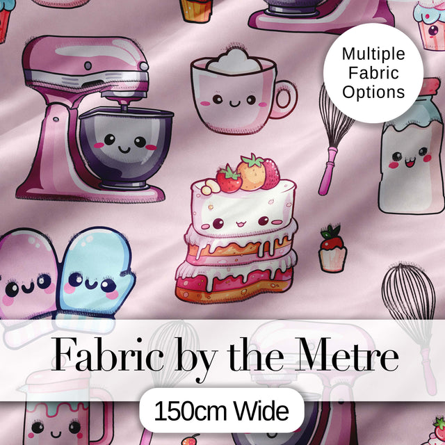 Kawaii Baking Mixer Cake and Cupcake Tools on Soft Pink  Seamless Pattern Digital Print Fabric by the Metre UK Sewing Quilting Textile