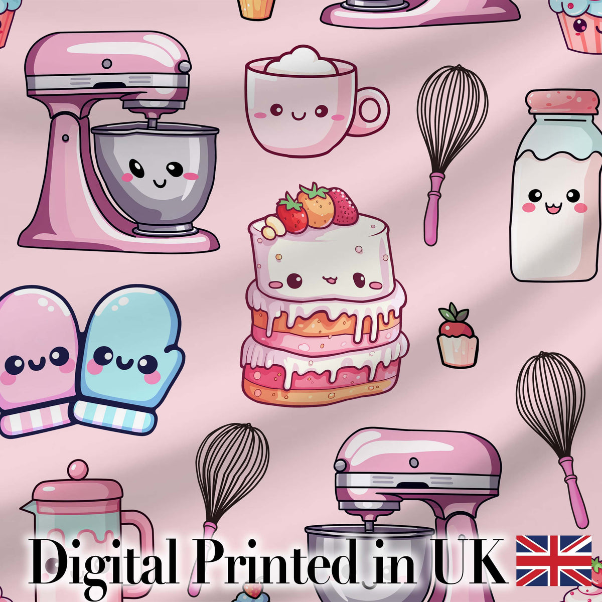 Kawaii Baking Mixer Cake and Cupcake Tools on Soft Pink  Seamless Pattern Digital Print Fabric by the Metre UK Sewing Quilting Textile