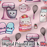 Kawaii Baking Mixer Cake and Cupcake Tools on Soft Pink  Seamless Pattern Digital Print Fabric by the Metre UK Sewing Quilting Textile