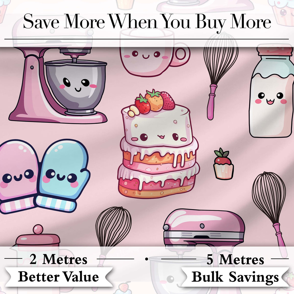 Kawaii Baking Mixer Cake and Cupcake Tools on Soft Pink  Seamless Pattern Digital Print Fabric by the Metre UK Sewing Quilting Textile