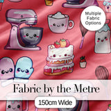 Kawaii Baking Mixer Cake and Cupcake Tools on Coral  Seamless Pattern Digital Print Fabric by the Metre UK Sewing Quilting Textile
