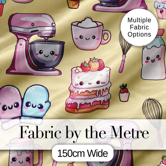 Kawaii Baking Mixer Cake and Cupcake Tools on Yellow  Seamless Pattern Digital Print Fabric by the Metre UK Sewing Quilting Textile