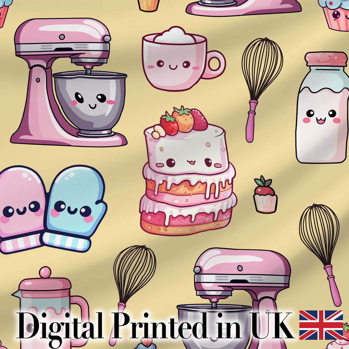 Kawaii Baking Mixer Cake and Cupcake Tools on Yellow  Seamless Pattern Digital Print Fabric by the Metre UK Sewing Quilting Textile
