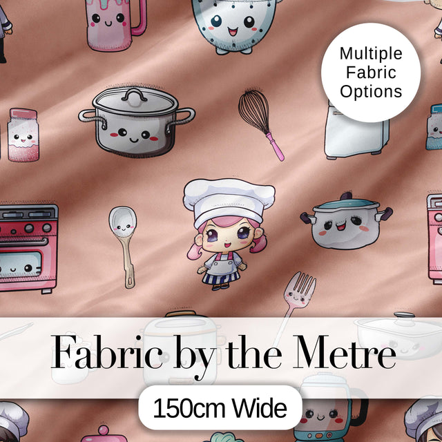 Kawaii Kitchen Chef Girl Cooking Utensils on Peach  Seamless Pattern Digital Print Fabric by the Metre UK Sewing Quilting Textile