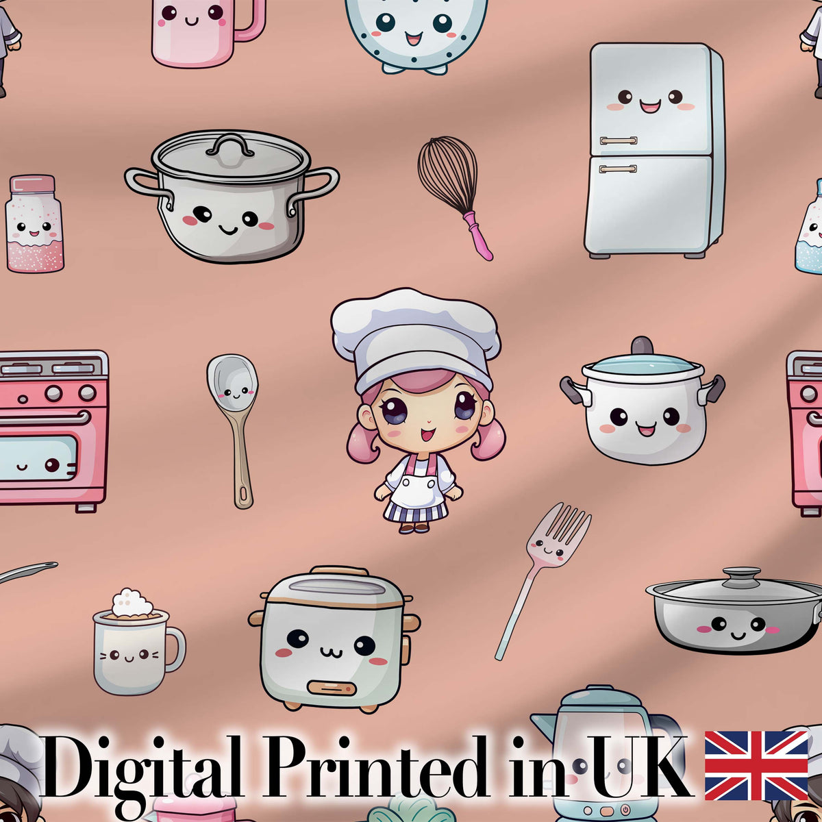 Kawaii Kitchen Chef Girl Cooking Utensils on Peach  Seamless Pattern Digital Print Fabric by the Metre UK Sewing Quilting Textile
