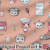 Kawaii Kitchen Chef Girl Cooking Utensils on Peach  Seamless Pattern Digital Print Fabric by the Metre UK Sewing Quilting Textile